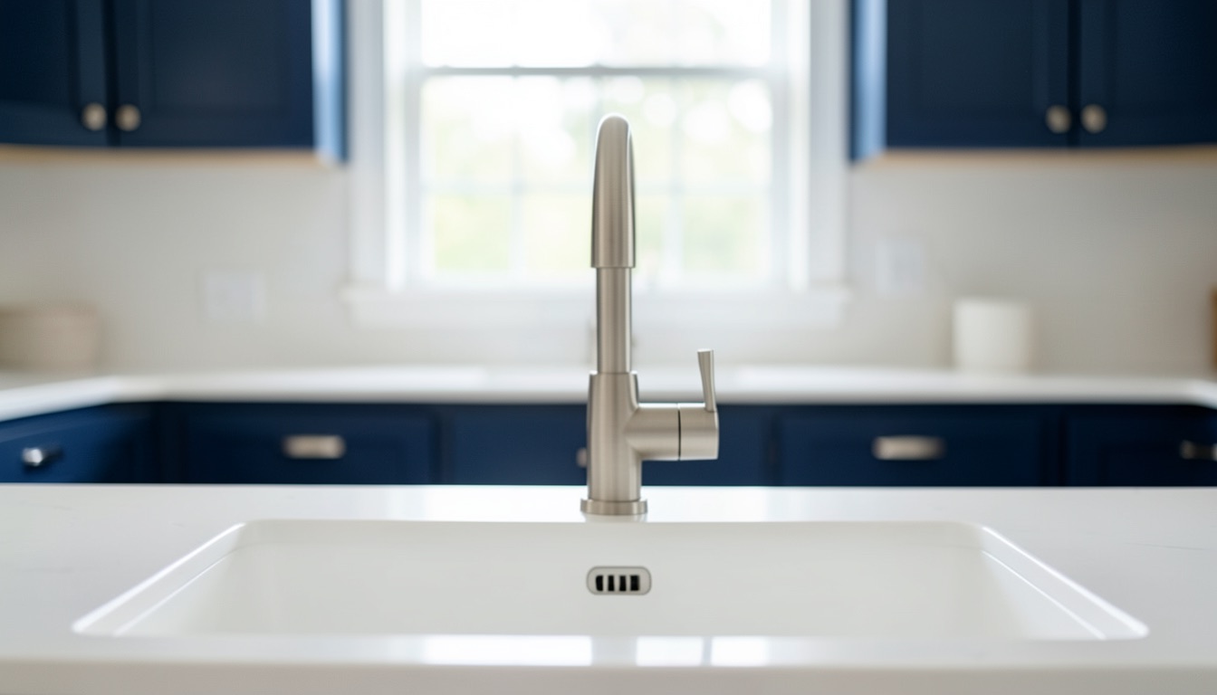 Modern kitchen faucet over a white farmhouse sink