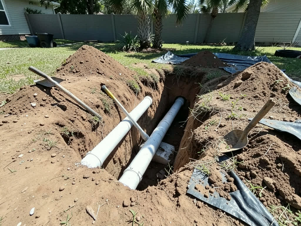 New sewer pipe in an open sandy trench